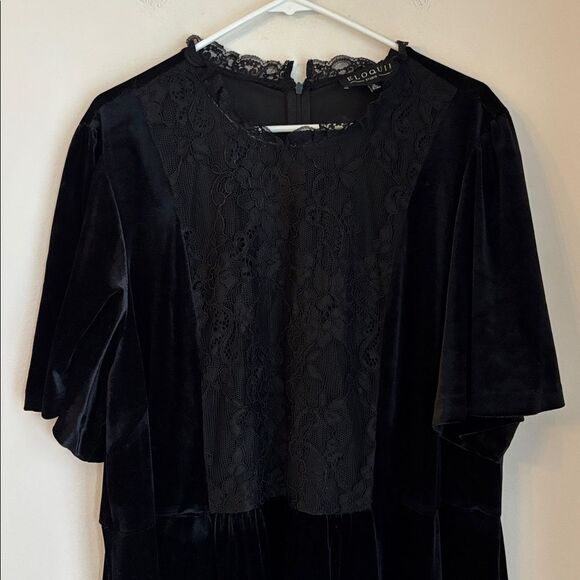Eloquii Dresses & Skirts - Eloquii Black velvet short sleeve midi Lace Detail whimsigoth Dress size 26 EUC